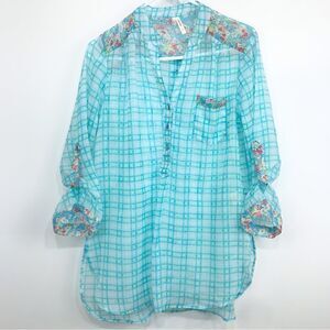 Truth Plaid Floral Teal Semi Sheer Button Down Cottagecore Blouse